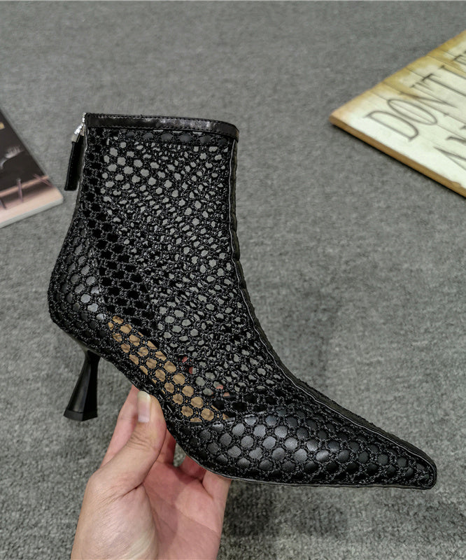 Elegant Stiletto Boots Black Breathable Mesh Pointed Toe