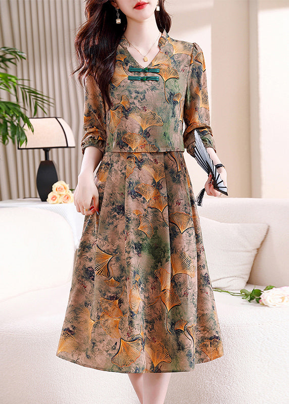 Elegant V Neck Print False Two Pieces Cotton Dress Fall