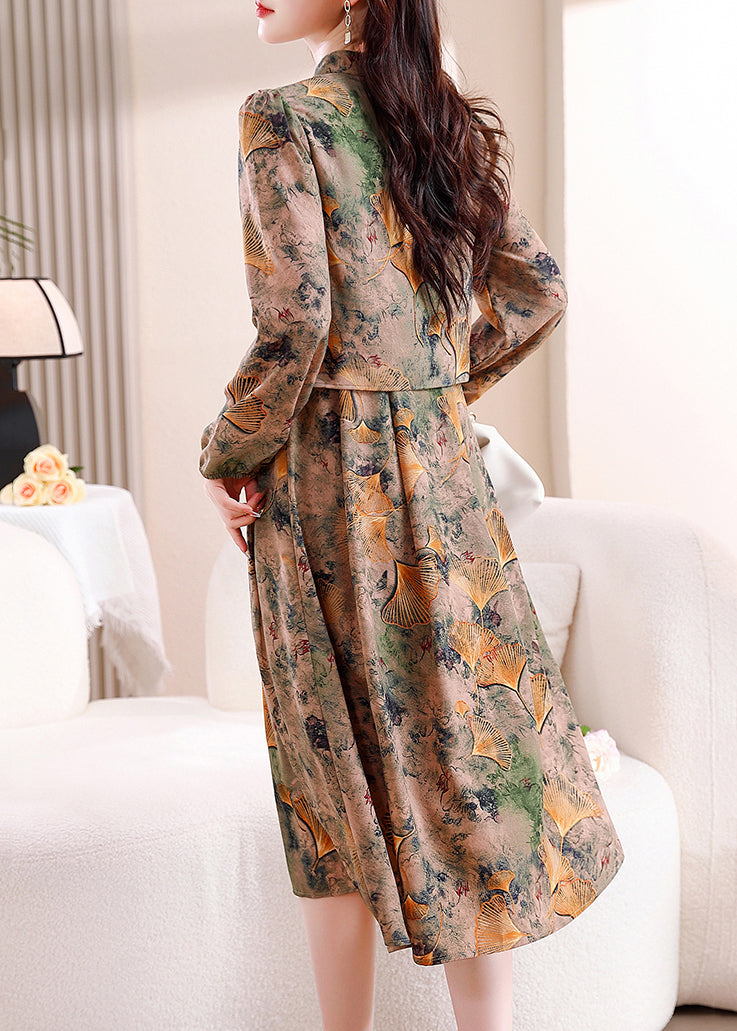 Elegant V Neck Print False Two Pieces Cotton Dress Fall