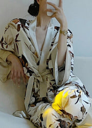 Elegant V Neck Print Tie Waist Satin Pajamas Two Piece Set Spring