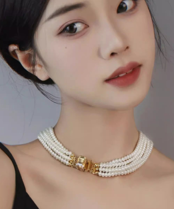 Elegant White Alloy Multi Layer Pearl Princess Necklace