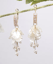 Elegant White Alloy Overgild Zircon Pearl Floral Tassel Drop Earrings