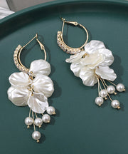 Elegant White Alloy Overgild Zircon Pearl Floral Tassel Drop Earrings