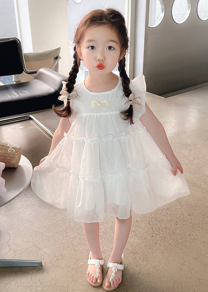 Elegant White Bow Tulle Kids A Line Mid Dresses Summer