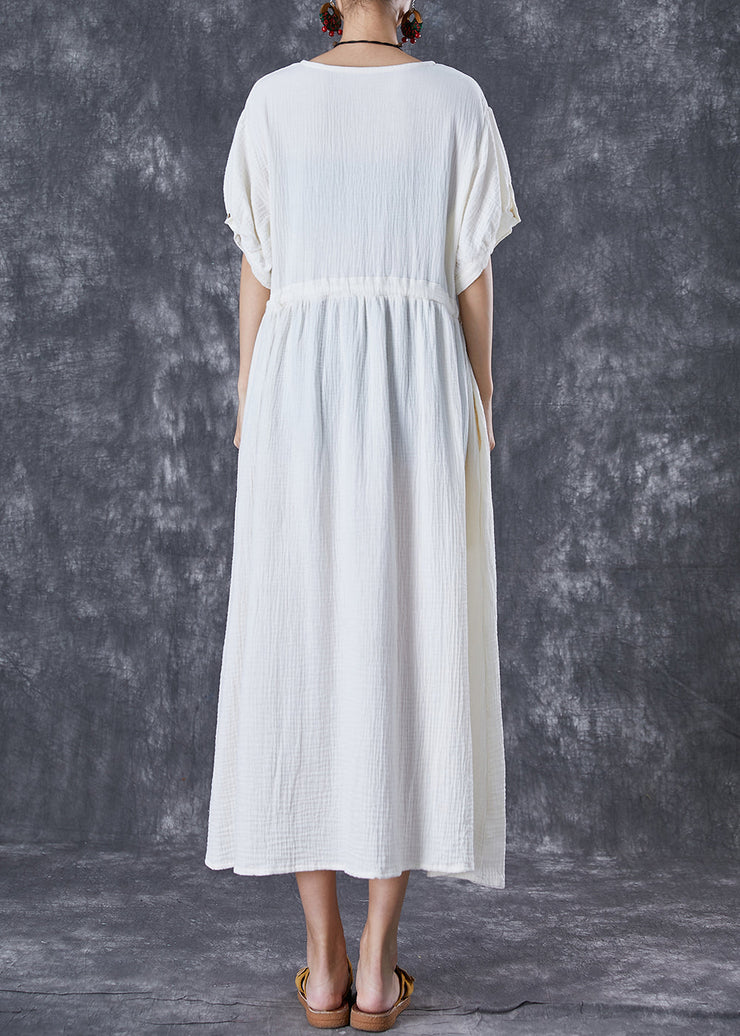 Elegant White Cinched Pockets Cotton Holiday Dress Summer