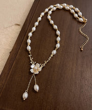 Elegant White Copper Alloy Pearl Floral Tassel Pendant Necklace