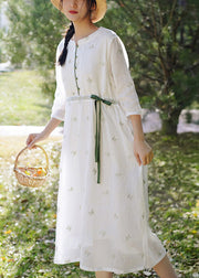 Elegant White Embroidered Button Linen Dress Spring