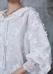 Elegant White Embroidered Floral Oriental Shirt Tops Summer