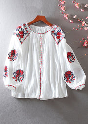 Elegant White Embroidered Floral Shirt Lantern Sleeve