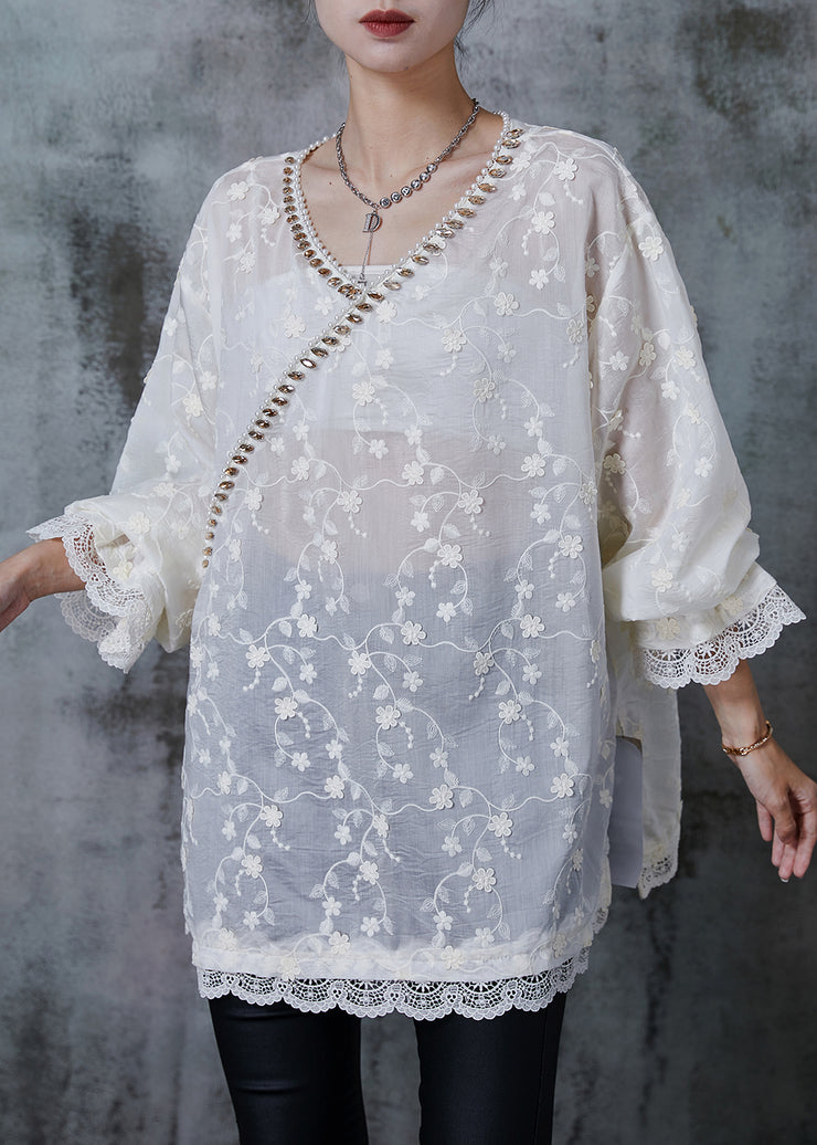 Elegant White Embroidered Floral Zircon Cotton Shirt Tops Summer