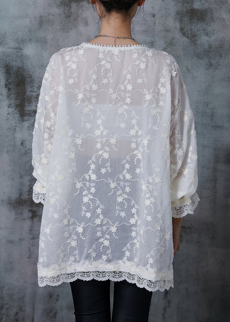 Elegant White Embroidered Floral Zircon Cotton Shirt Tops Summer