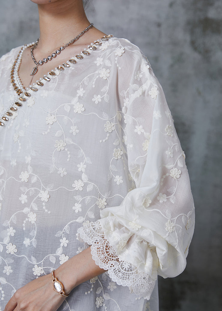 Elegant White Embroidered Floral Zircon Cotton Shirt Tops Summer