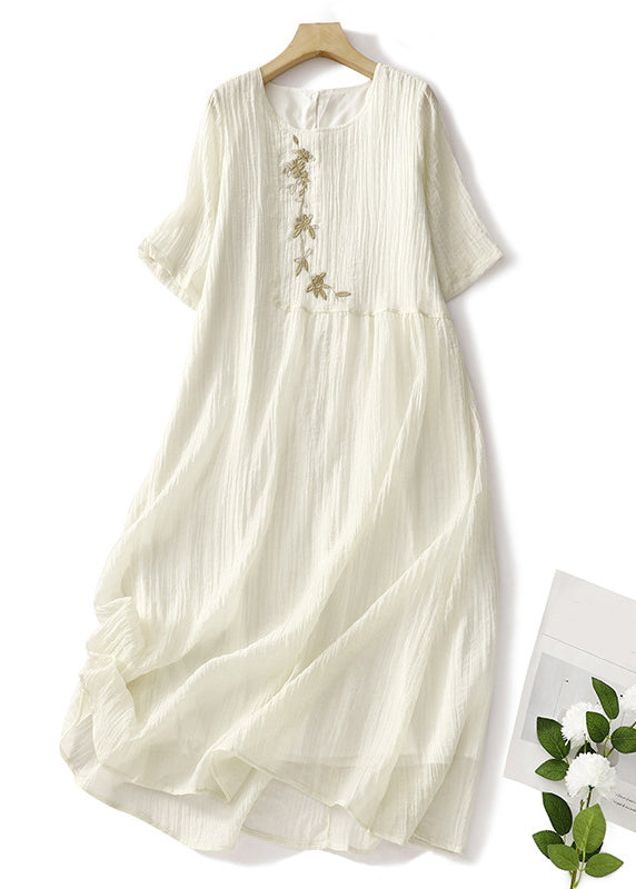 Elegant White Embroidered Solid Linen Long Dresses Summer