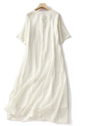 Elegant White Embroidered Solid Linen Long Dresses Summer