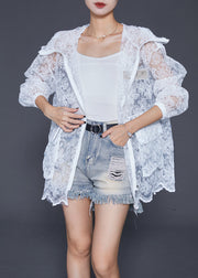 Elegant White Embroideried Drawstring Pockets Cotton Coat Outwear Fall