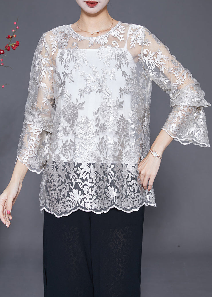 Elegant White Embroideried Hollow Out Lace Top Fall