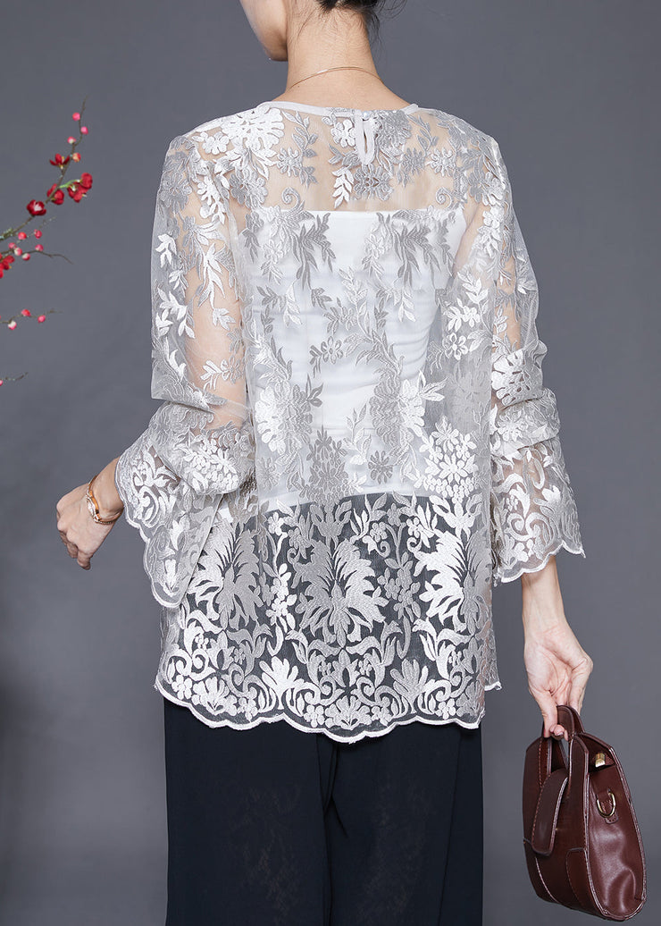 Elegant White Embroideried Hollow Out Lace Top Fall