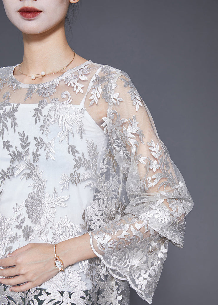 Elegant White Embroideried Hollow Out Lace Top Fall