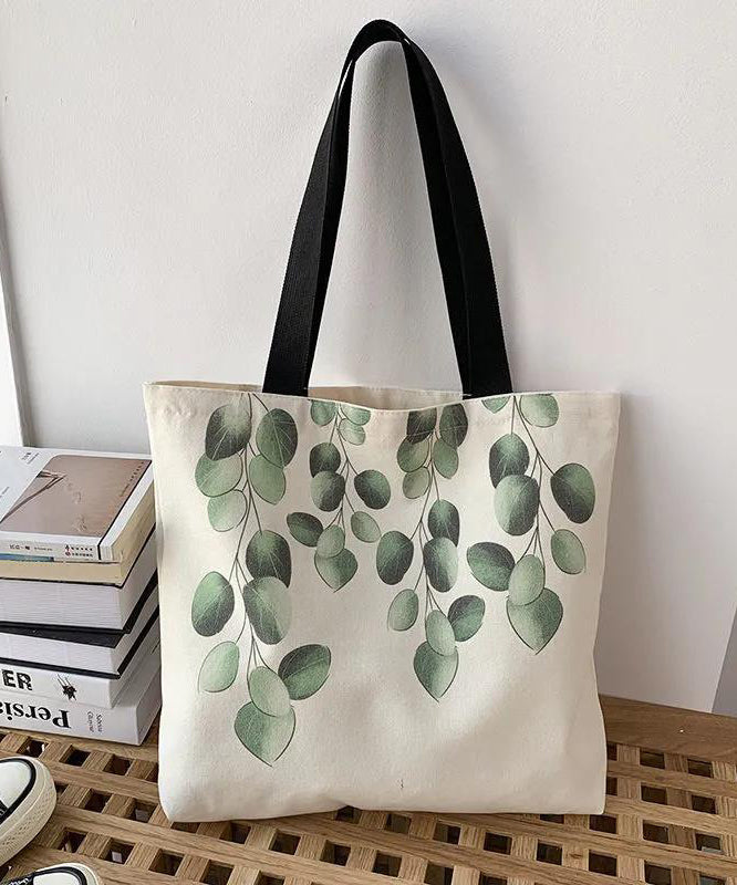 Elegant White Greenery Print Canvas Satchel Handbag