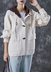 Elegant White Hooded Patchwork Ruffled Woolen Coats Spring