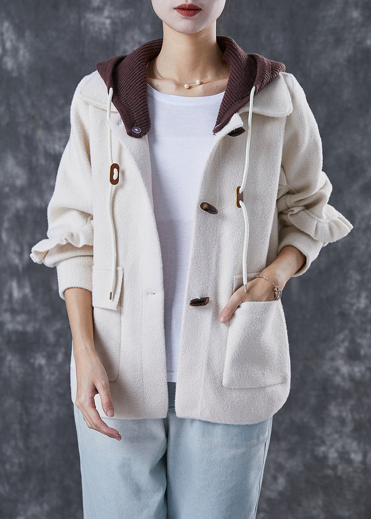 Elegant White Hooded Patchwork Ruffled Woolen Coats Spring