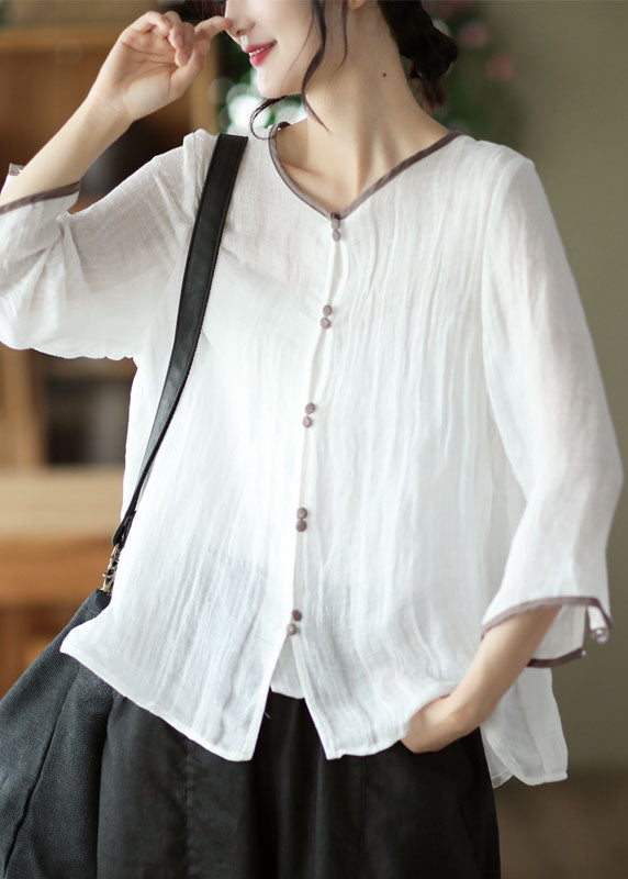 Elegant White O Neck Patchwork Linen Blouses Summer