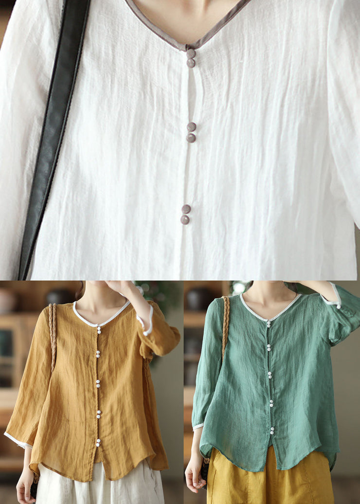 Elegant White O Neck Patchwork Linen Blouses Summer