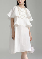 Elegant White O Neck Ruffled Patchwork Cotton Mid Dresses Summer