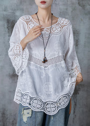 Elegant White Oversized Patchwork Lace Cotton Blouses Flare Sleeve