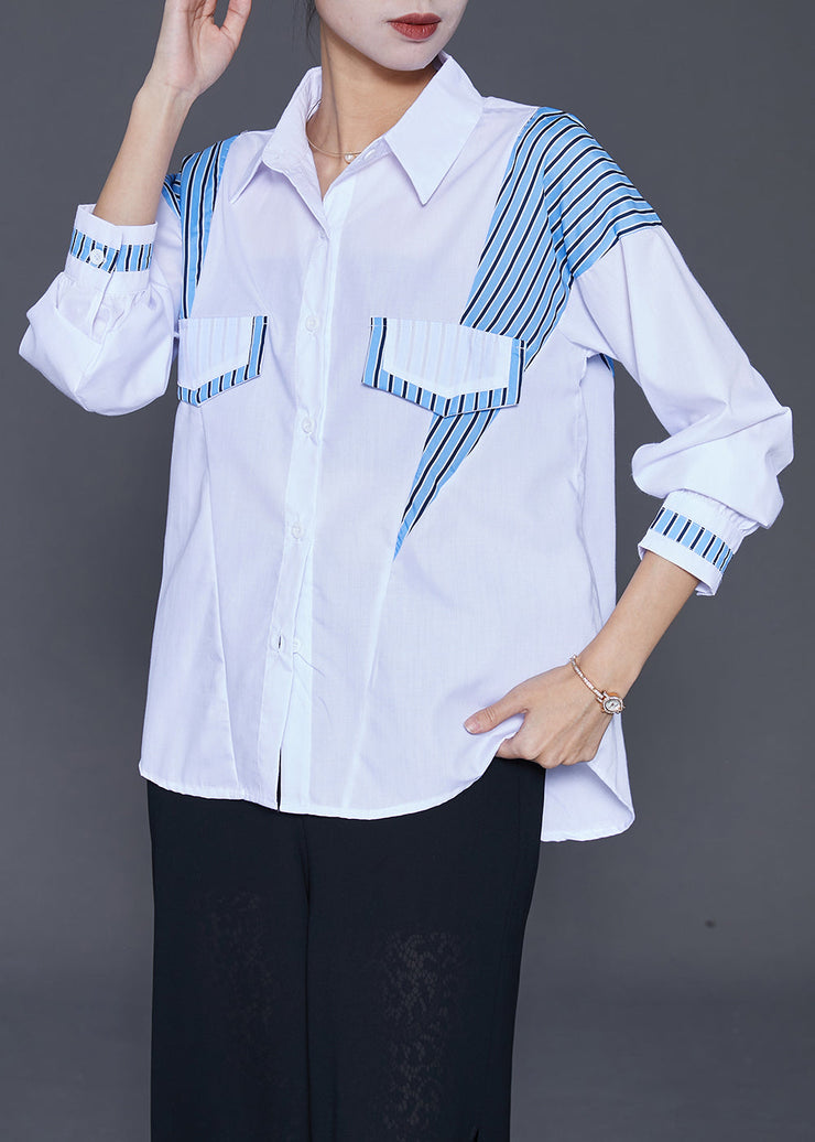 Elegant White Oversized Patchwork Striped Cotton Blouse Tops Fall