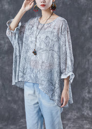 Elegant White Oversized Print Low High Design Cotton Tanks Batwing Sleeve