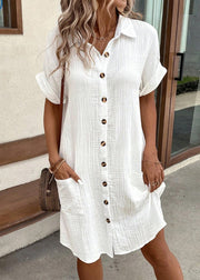 Elegant White Peter Pan Collar Button Pockets Cotton Shirt Dress Summer