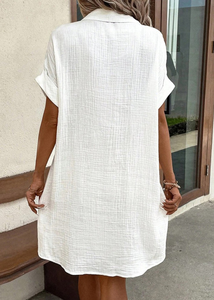 Elegant White Peter Pan Collar Button Pockets Cotton Shirt Dress Summer