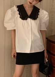 Elegant White Peter Pan Collar Lace Patchwork Cotton Top Summer