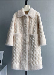 Elegant White Peter Pan Collar Pockets Woolen Coat Winter