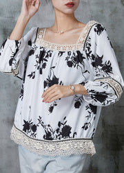 Elegant White Print Patchwork Lace Shirts Summer