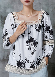 Elegant White Print Patchwork Lace Shirts Summer