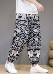 Elegant White Print Pockets Cotton Mens Crop Pants Summer