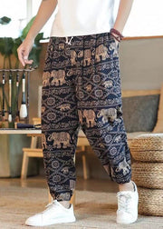 Elegant White Print Pockets Cotton Mens Crop Pants Summer