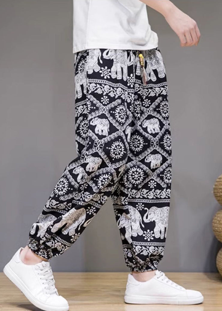 Elegant White Print Pockets Cotton Mens Crop Pants Summer