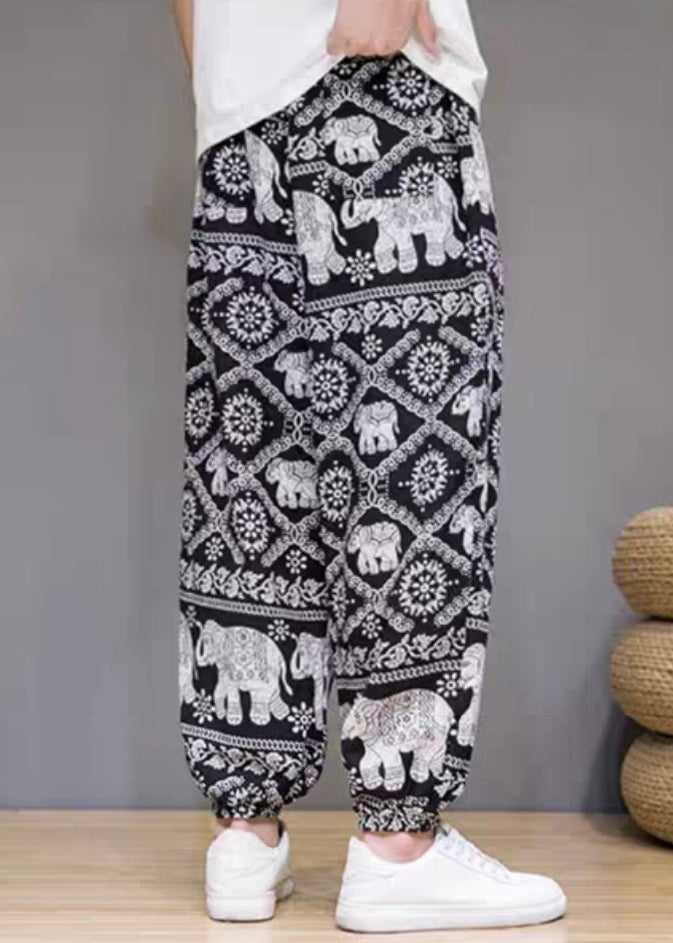 Elegant White Print Pockets Cotton Mens Crop Pants Summer