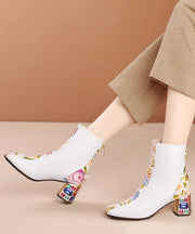 Elegant White Print Zircon Cowhide Leather Chunky Boots