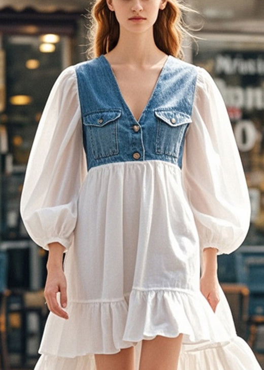 Elegant White Puff Sleeve Patchwork Denim Low High Design Cotton Dress Spring