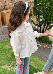 Elegant White Ruffled Button Cotton Girls Shirt Flare Sleeve