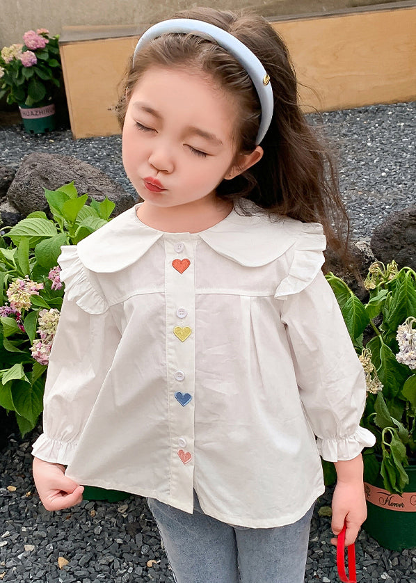 Elegant White Ruffled Button Cotton Girls Shirt Flare Sleeve