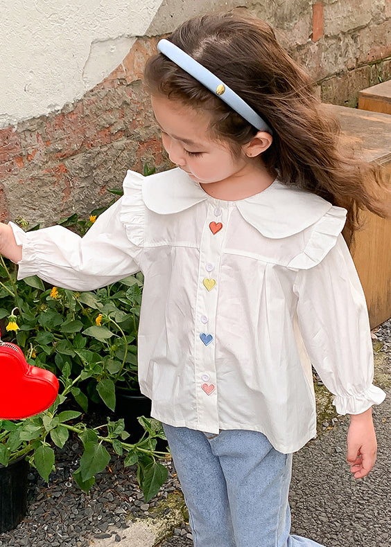 Elegant White Ruffled Button Cotton Girls Shirt Flare Sleeve