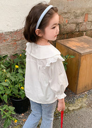 Elegant White Ruffled Button Cotton Girls Shirt Flare Sleeve