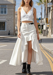 Elegant White Ruffled Low High Design Denim Skirts Spring