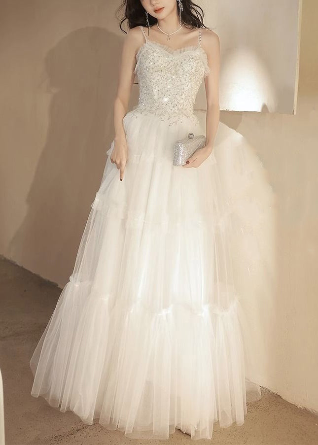 Elegant White Ruffled Sequins Tulle Spaghetti Strap Dress Sleeveless