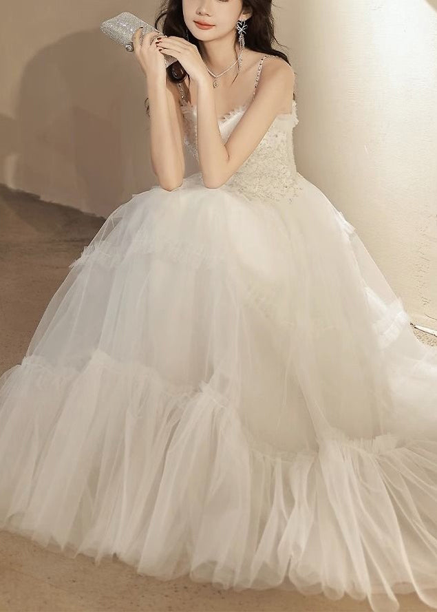 Elegant White Ruffled Sequins Tulle Spaghetti Strap Dress Sleeveless